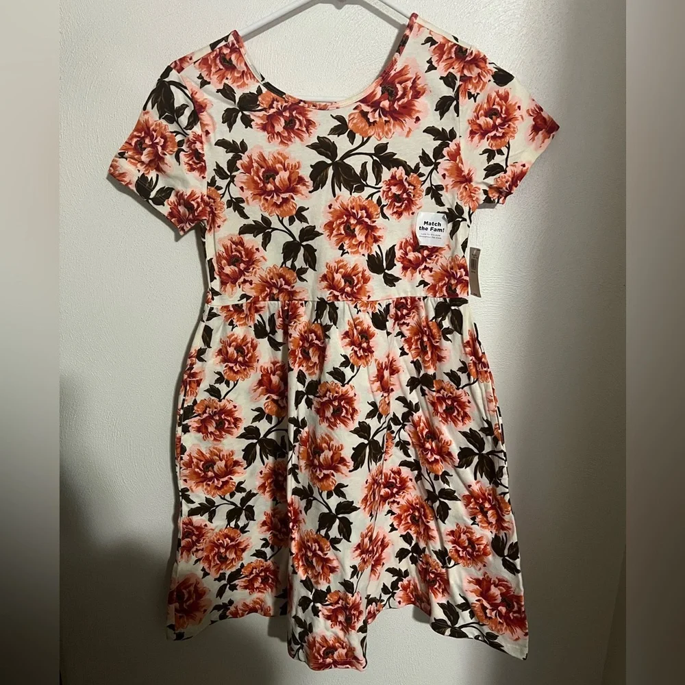 OLD NAVY Classic Fall Floral Swing Dress Orange Cream Brown Girl's Size XL *NWT*